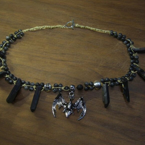 NEW Handmade Vampire Bat Necklace with Grey Quartz Spikes and Gemstones. - Picture 3 of 7